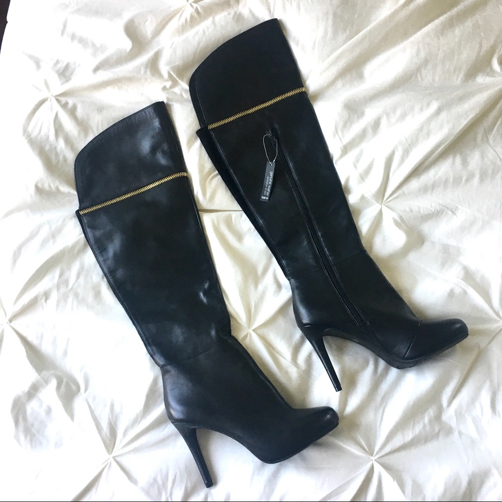 Black Leather Over the Knee Heeled Boots